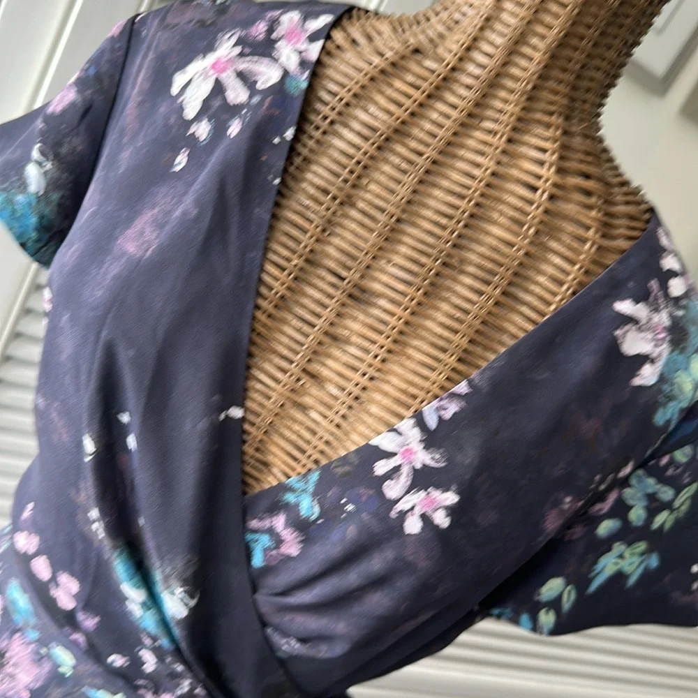Babaton XS Floral Wrap Dress in Charcoal/Pink/Blue/Green - Picture 5 of 8